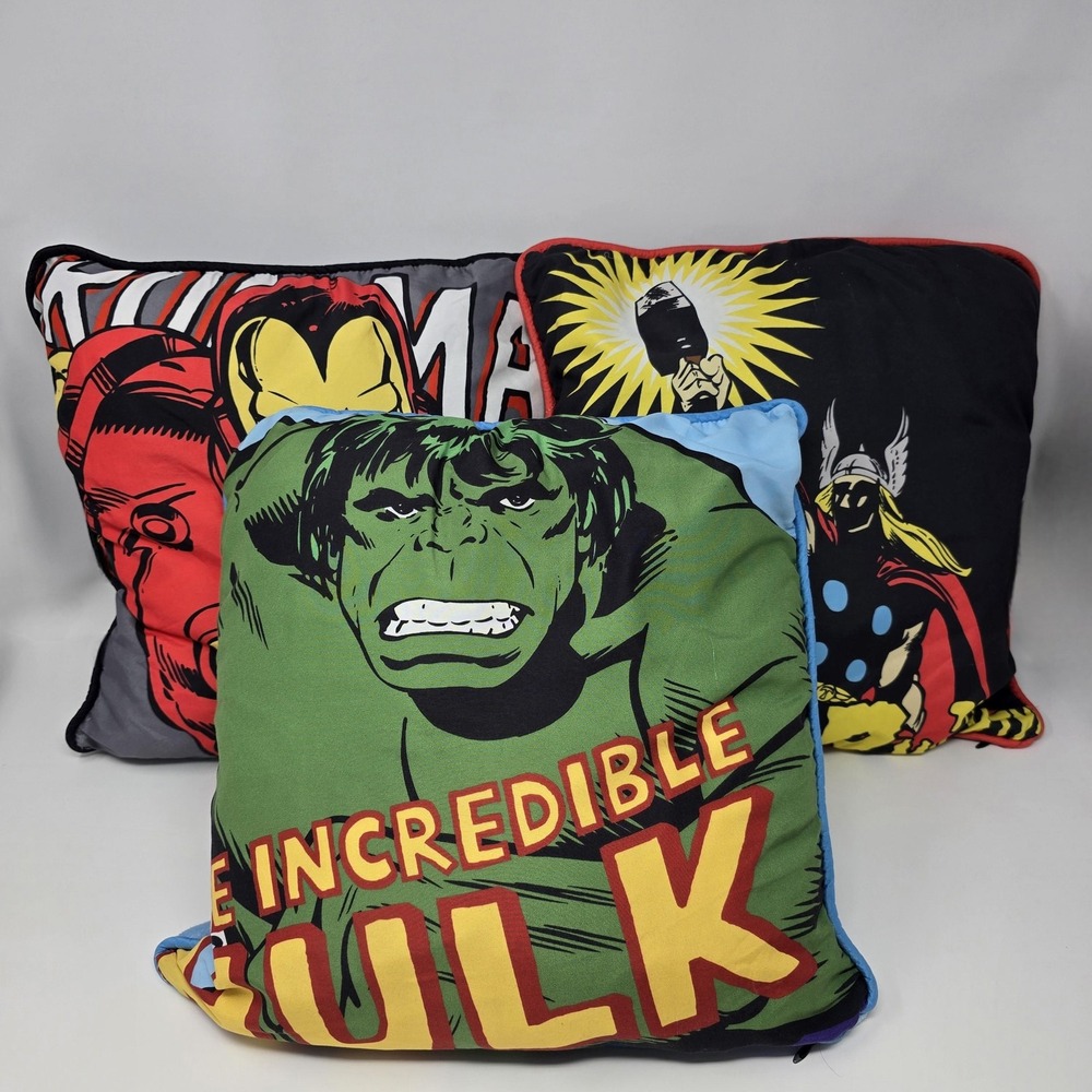 Marvel Comics Superhero Plush Throw Pillows‎ 12x12 Lot Of 3 Hulk Thor Iron Man